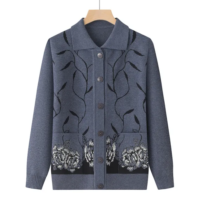 Spring And Autumn Elderly Lapel Thin Sweater Gray - Shop at LoveMi