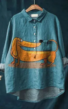 Women's Retro Fish Art Print Lapel Long Sleeve Shirt 2D759 2Xl - Shop at LoveMi