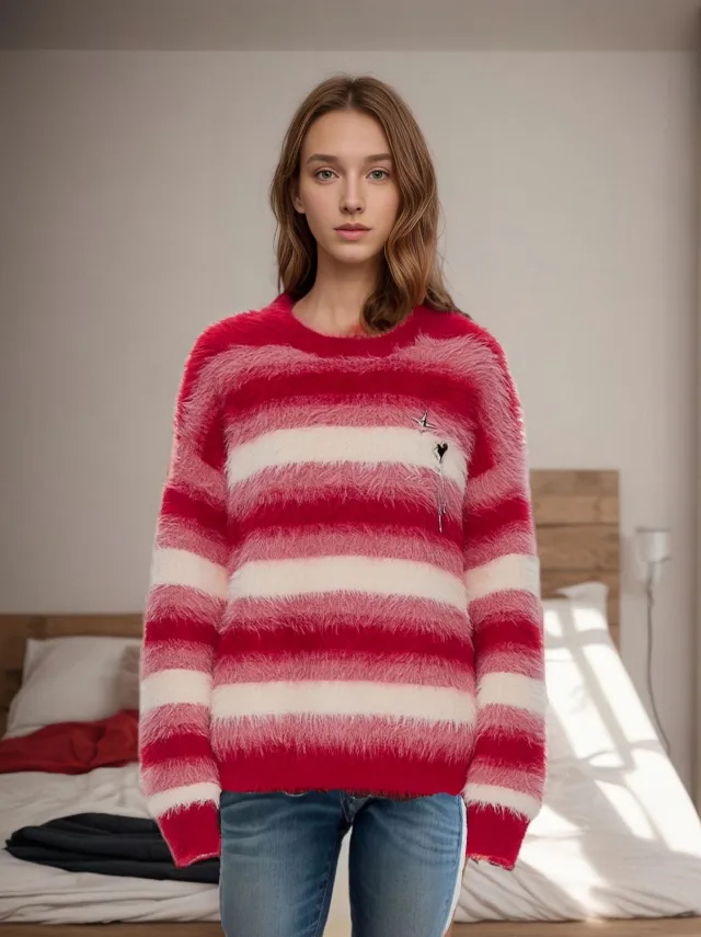 Autumn And Winter Loose Oversized Knitted Top European And American Christmas Round Neck Red Striped Long Velvet Sweater Red - Shop at LoveMi