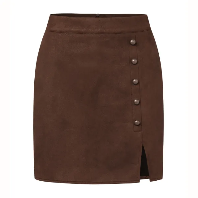 Women's Solid Color Suede High Waist Metal Buckle Skirt Brown - Shop at LoveMi
