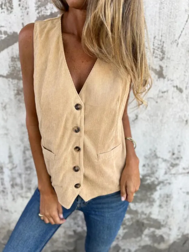 Solid Color Sleeveless Loose Casual Top Vest Apricot - Shop at LoveMi