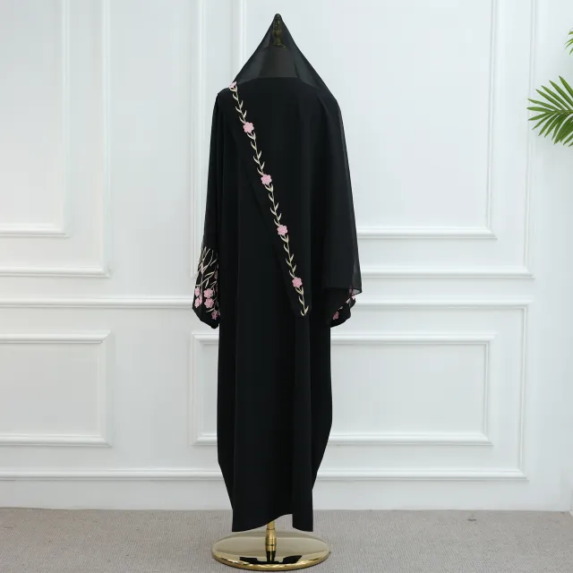 Dubai Middle East Turkey Dubai Flower Embroidered Elegant Cardigan Pink Headscarf - Shop at LoveMi