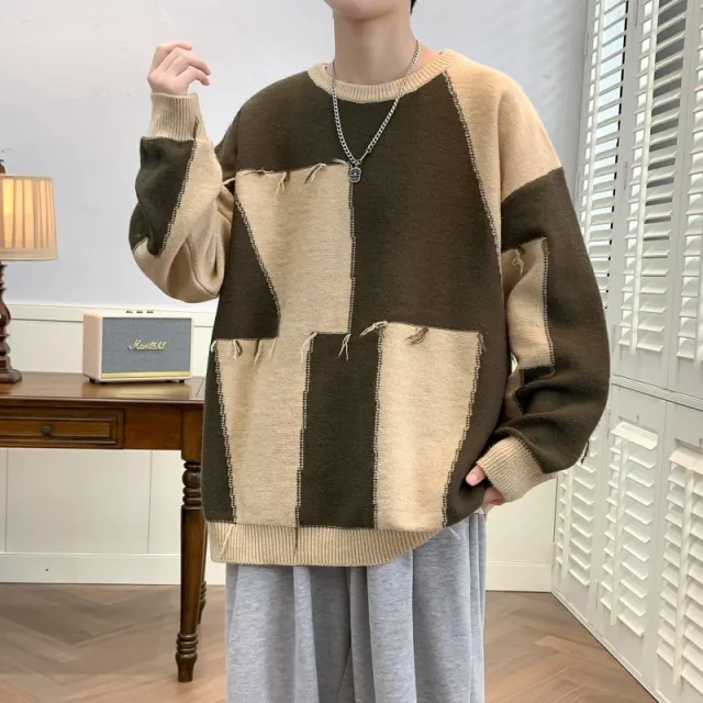 Personality Contrast Color Stitching Casual Sweater Brown - Shop at LoveMi