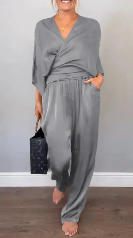 Solid Color Satin Short sleeved Top Pants Suit Women Gray - Shop at LoveMi