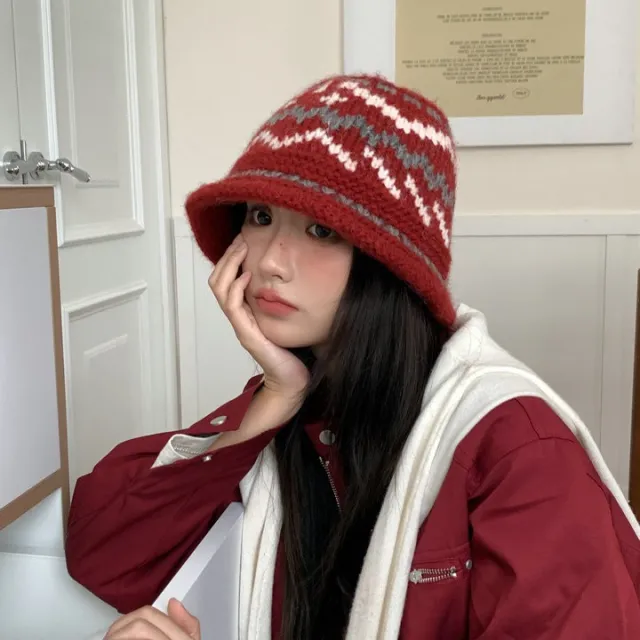 Knitted Pattern Hand woven Woolen Cap Red - Shop at LoveMi