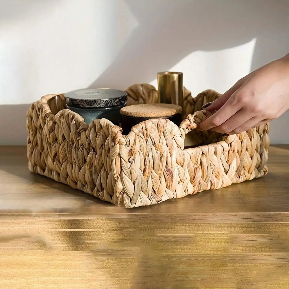 Gourd Grass And Wood Handle Weaved Flowers Woven Along Rattan Storage Basket