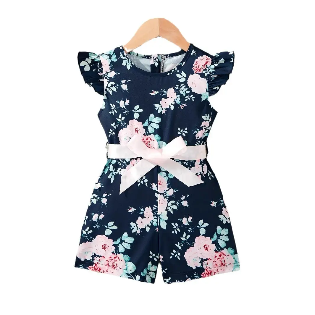Girls' Flower Printed Jumpsuit Summer Suitable For 1-8 Years Old
