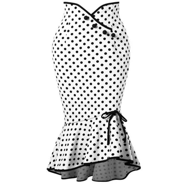 Button Lace up Polka Dots Half Body Slim fit Fishtail Skirt White - Shop at LoveMi
