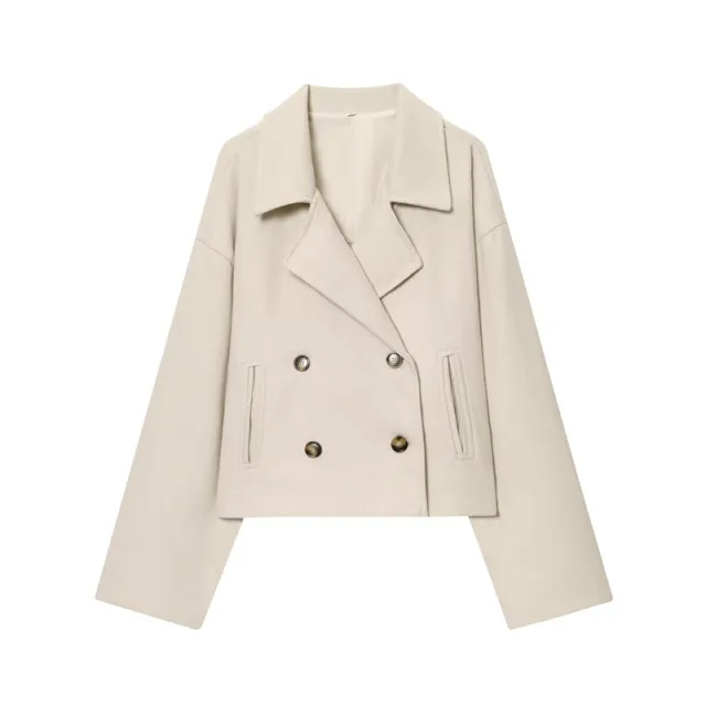 Simple Double Breasted Short Woolen Coat Women's Top Apricot - Shop at LoveMi