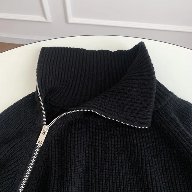 Black Side Zipper Knitted Cardigan Thickened Loose Camel Sweater Black - Shop at LoveMi