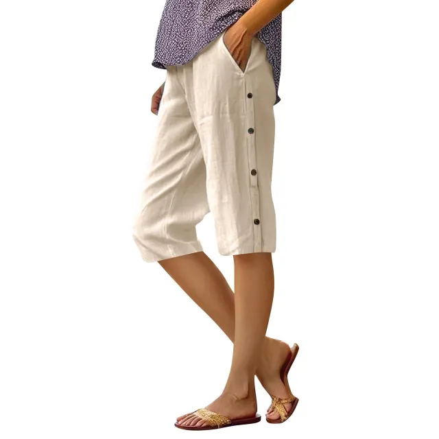 Loose Casual High Waist Cotton And Linen Breathable Cropped Pants Apricot - Shop at LoveMi