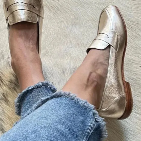 Casual Flat Round Toe Loafers Plus Size Slip on Shoes Gold - Shop at LoveMi