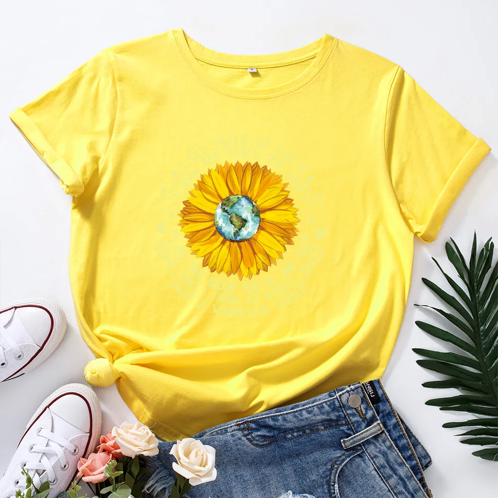 Bee Festival European And American Loose Round Neck Sunflower Short Sleeve - Yellow