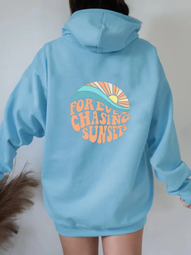 Fleece lined Sunset Print Kangaroo Pocket Drawstring Hoodie Light Blue - Shop at LoveMi