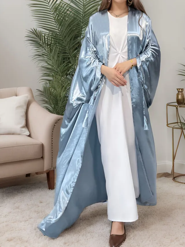 Simple Middle East Turkey Solid Color Plus Size Satin Robe Sky Blue - Shop at LoveMi