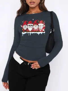 Round Neck Long Sleeve Loose Print T-shirt - 9Color-L - View 1