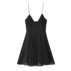 European And American Style Fashion Solid Color Poplin Short Dress - Black - View 1