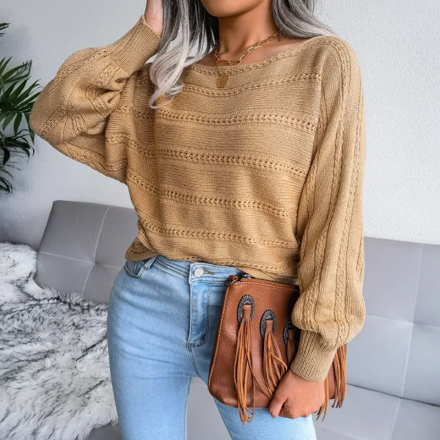 Boat Collar Off the shoulder Hollow out Sweater Khaki - Shop at LoveMi