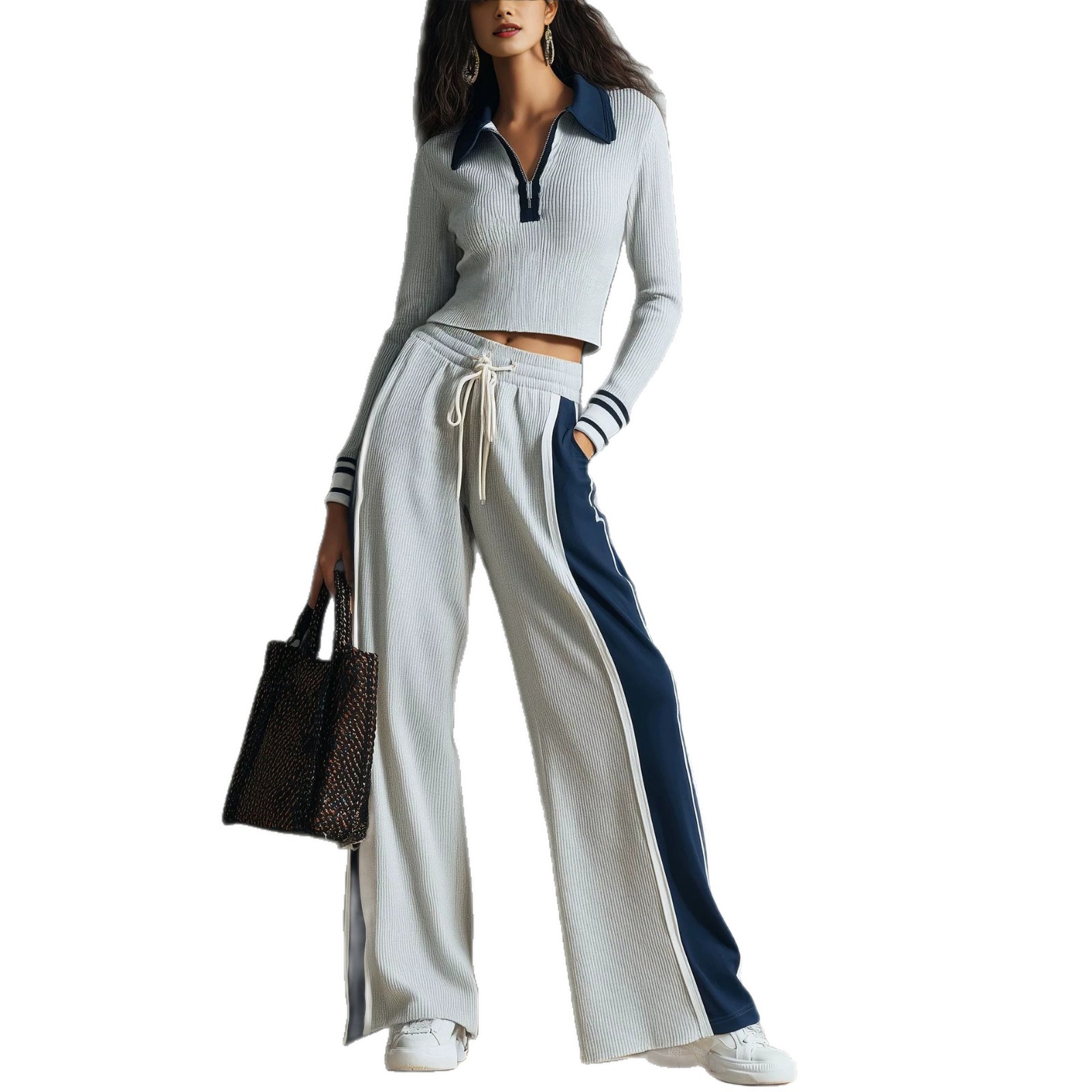 Long-sleeve Top And Drawstring Flared Pants Set