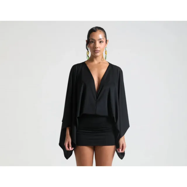 Women's Solid Color And Vneck Stitching Casual Ultra Short Allmatching Dress Black - Shop at LoveMi