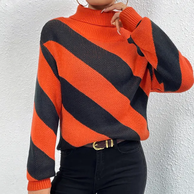 Female Casual Contrast Color Diagonal Stripes Turtleneck Pullover Orange Stripes - Shop at LoveMi