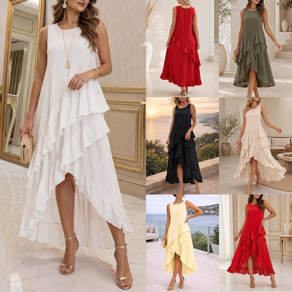 Elegant Casual Asymmetrical Ruffle-Trimmed Resort-Style Dress