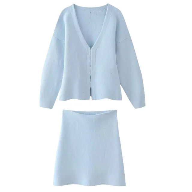 Women's Cross border Loose Sleeves Knitted Coat With Short Skirt Light Blue Suit - Shop at LoveMi