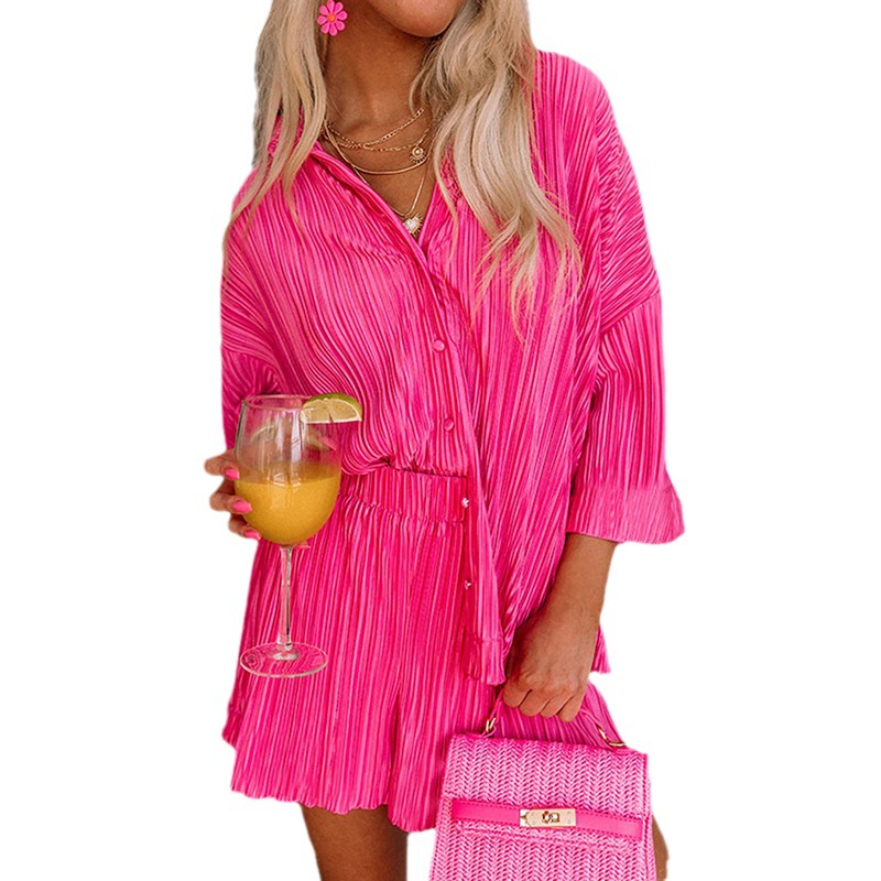 Women's Pleated Textured Cloth Suit Loose Solid Color Shorts Two-piece Set