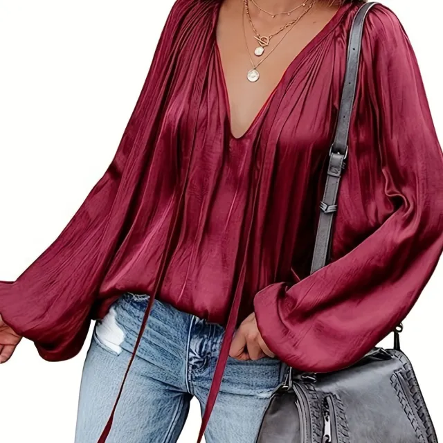 Women's Satin V neck Long Sleeve Shirt Casual Burgundy - Shop at LoveMi