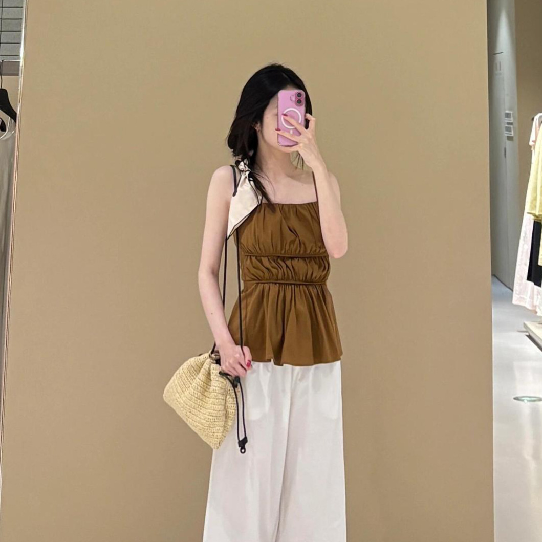 Standard Edition Pleated Camisole Top Brown Easy Matching Waisted Vest