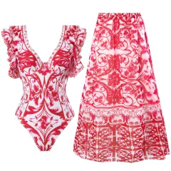 Fashion Trend Women's Printed Wear One-piece Suit Swimsuit - Rose - View 1