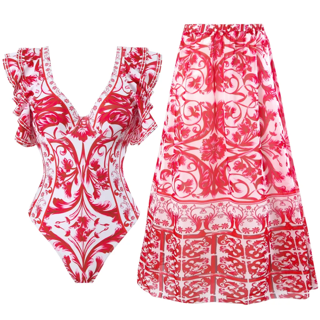 Fashion Trend Women's Printed Wear One-piece Suit Swimsuit - Rose