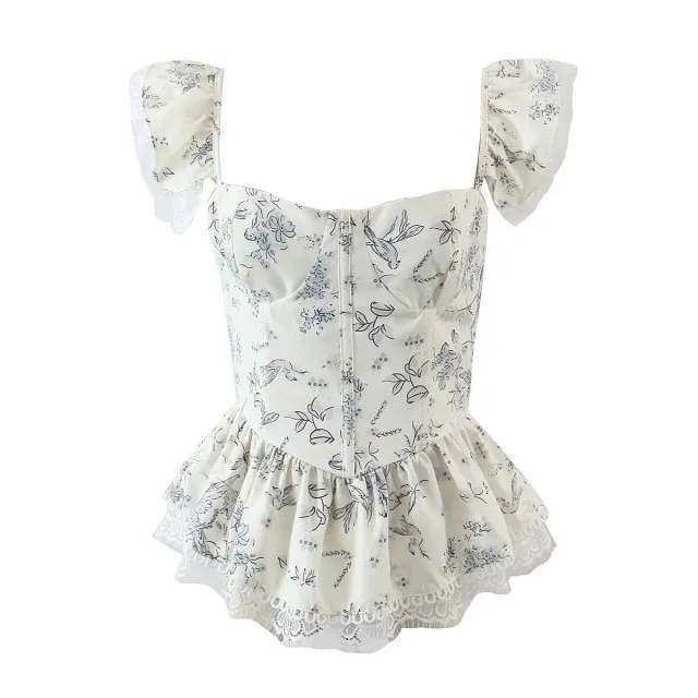 Summer Women's French Print Lace Lace Spaghetti strap Top Blue Flower - Shop at LoveMi