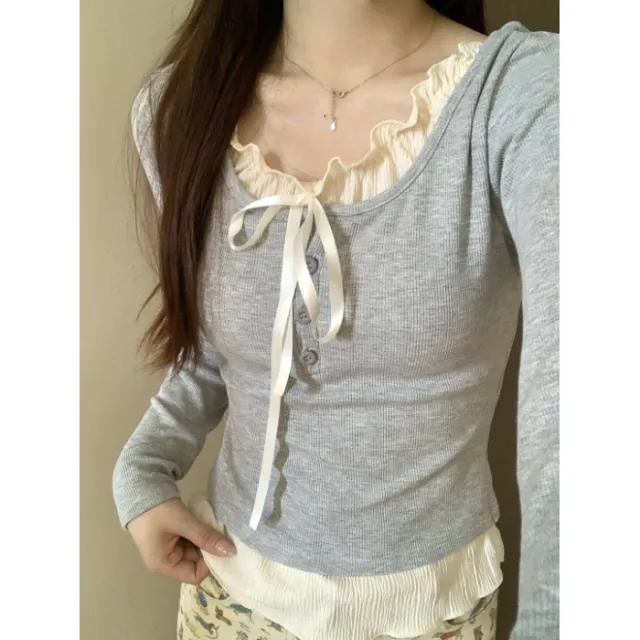 Pure Desire Lace Inner Match Bottoming Shirt Gray - Shop at LoveMi