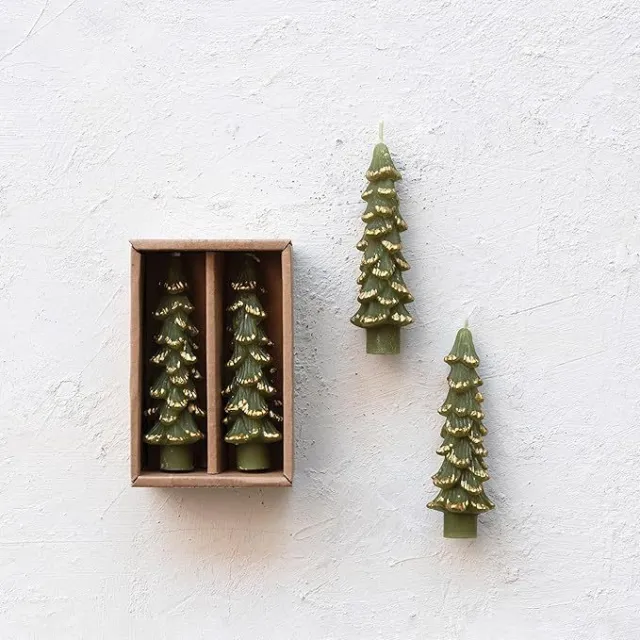 Fragrance free Tree shaped Tapered Candle Christmas Candle Atmosphere Decorative Short Green Gold Set - Shop at LoveMi