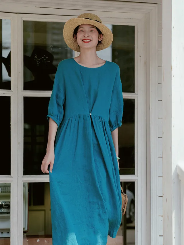Women's Solid Color Loose Casual All Match Long Dress Lake Blue - Shop at LoveMi