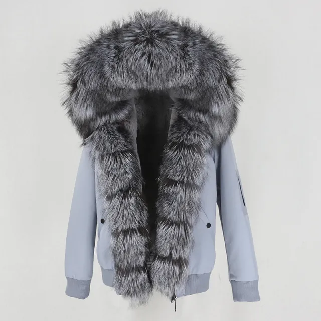 New Parka Thick Raccoon Fur Liner Detachable Jacket Blue Gray Silver Fox - Shop at LoveMi