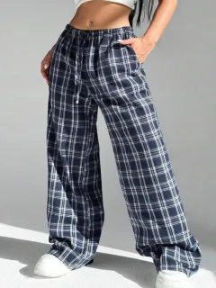 Women's Casual All-match Loose Drawstring Plaid Pocket Trousers - Blue - View 1