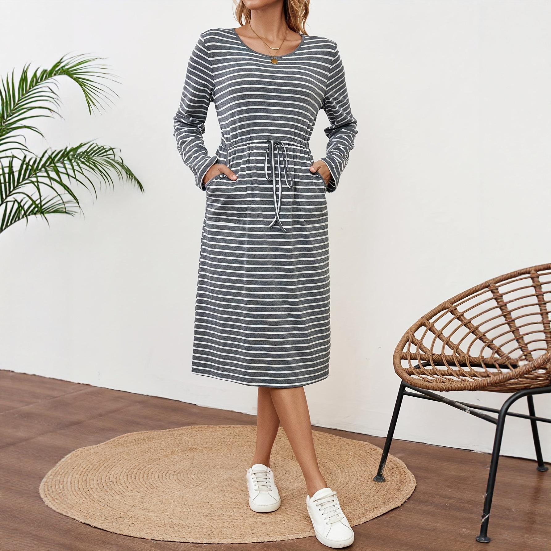 Loose-fitting Womens Striped Long Sleeve Dress