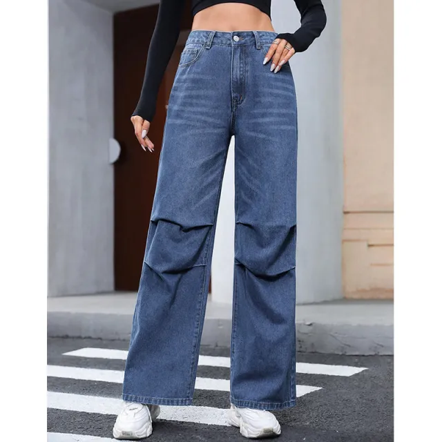 Women's Straight Loose High Waist Denim Trousers Blue - Shop at LoveMi