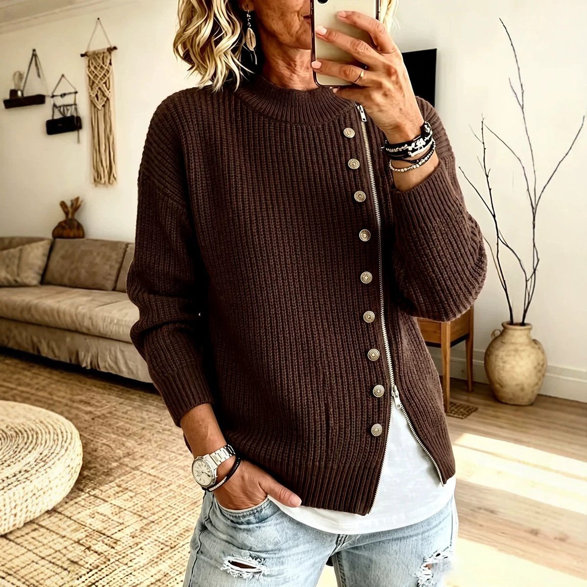 Casual Asymmetrical Zipper-and-Button Rib-Knit Pullover