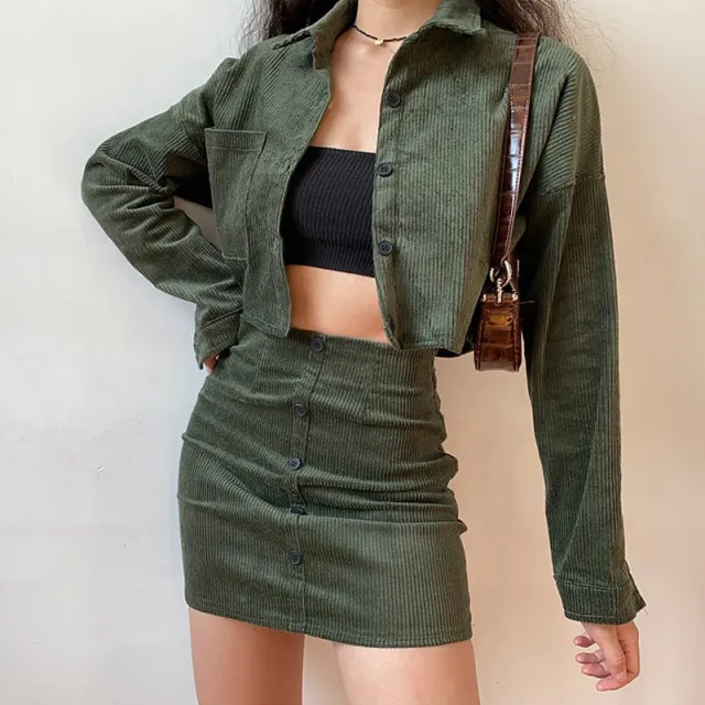 Fashion Casual Short Corduroy Jacket Skirt American Suit Green - Shop at LoveMi