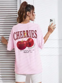 Cotton Women T-shirt Red Cherries Printed Tees Summer - Pink - View 1