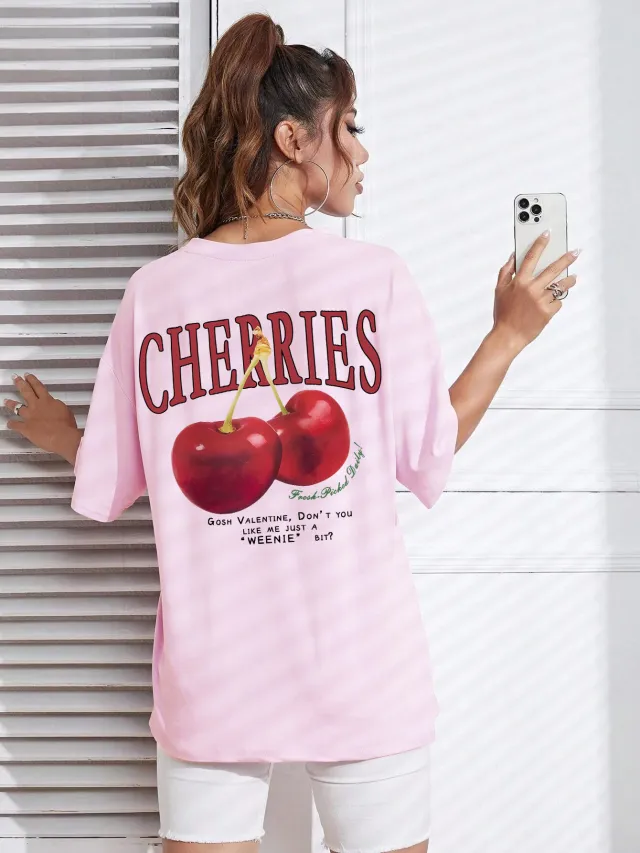 Cotton Women T shirt Red Cherries Printed Tees Summer Pink - Shop at LoveMi