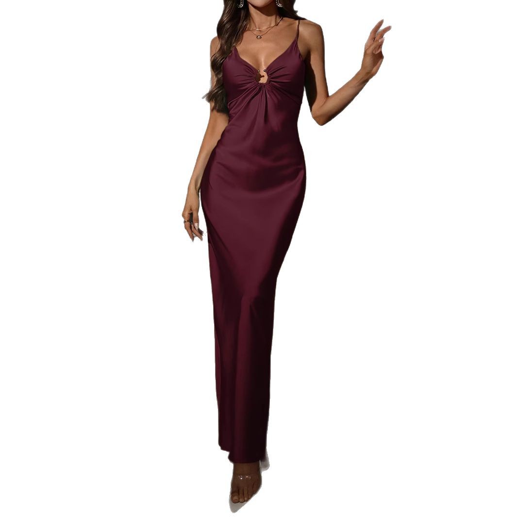 Women's Wine Red V-neck Dress Elegant French Style