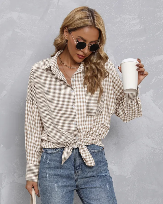 Lapel Plaid Colorblock Loose Casual Shirt Apricot - Shop at LoveMi