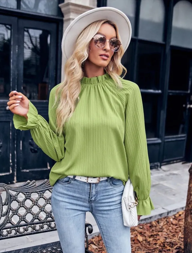 Autumn Women's Ruffled Collar Long Sleeve Jacquard Loose fitting Top Fruit Green - Shop at LoveMi