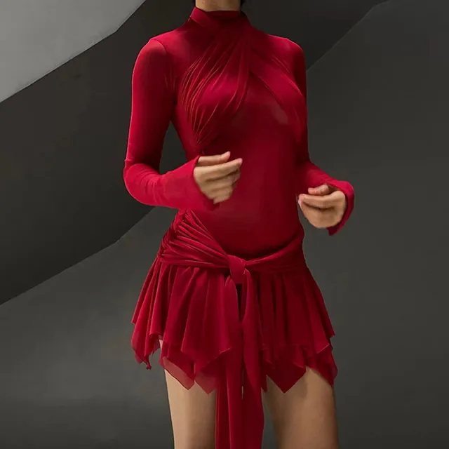 Female Slim Fit Mesh Stitching Long Sleeves Dress Red - Shop at LoveMi