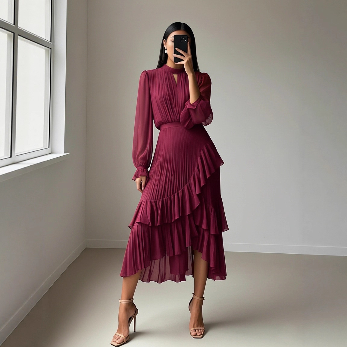 Ruffled Pleated Midi Dress For Women Wine Red - Shop at LoveMi