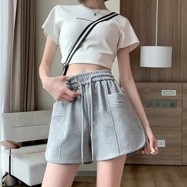 High Waist Slimming And Wide Leg Loose Straight Outerwear Cotton Running Leisure Shorts Light Gray - Shop at LoveMi